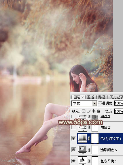 Photoshop给江边的美女加上漂亮的淡调红褐色