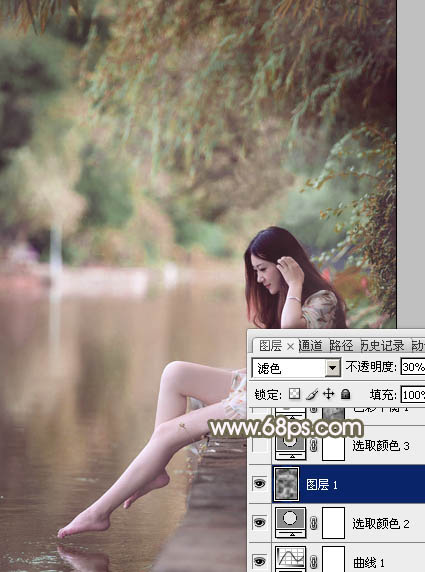 Photoshop打造甜美的红褐色河景美女图片