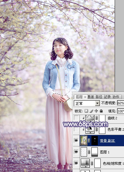 Photoshop給春季花木下的美女加上夢幻的粉紫色